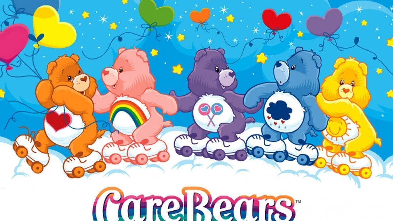 彩虹熊 桌布 壁紙 — 五隻色彩繽紛的Care Bears在滿天星斗的天空下，於柔軟的雲朵上溜冰，心形氣球在上方飄浮。