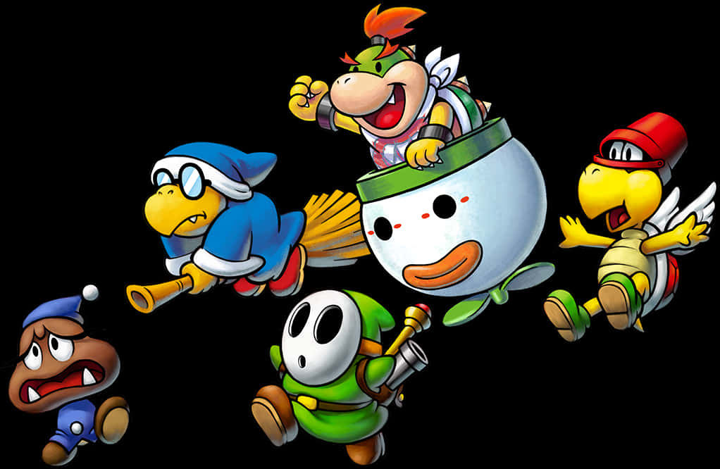 bowser 桌布 壁紙 — 五隻色彩繽紛的Koopa Troopas和一個Koopa Kid在黑色背景上擺出動態姿勢。