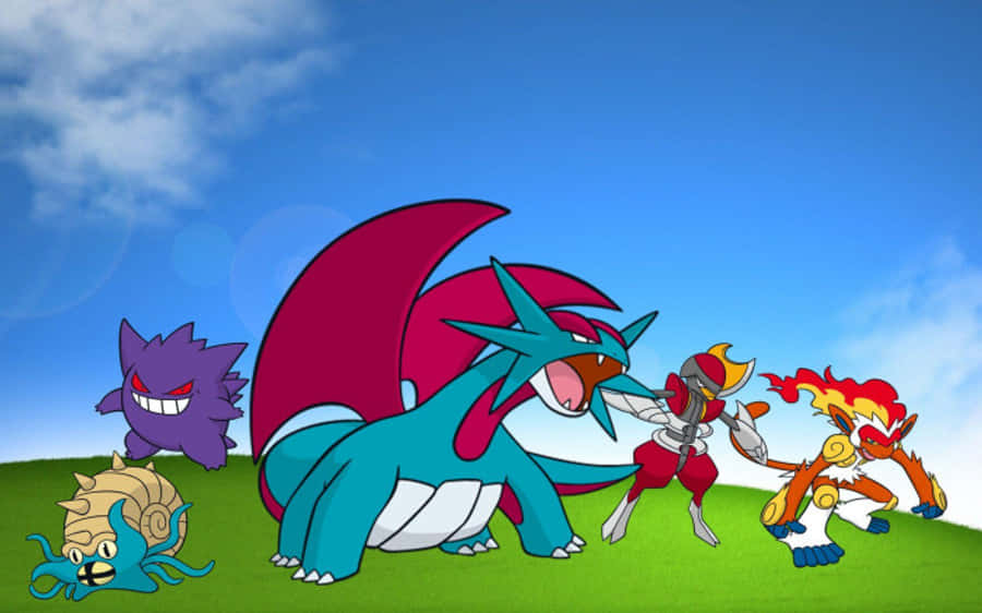 Salamence 桌布 壁紙 — 五隻色彩繽紛的寶可夢自豪地站在長滿青草的山丘上，背景是明亮的藍天和蓬鬆的白雲。