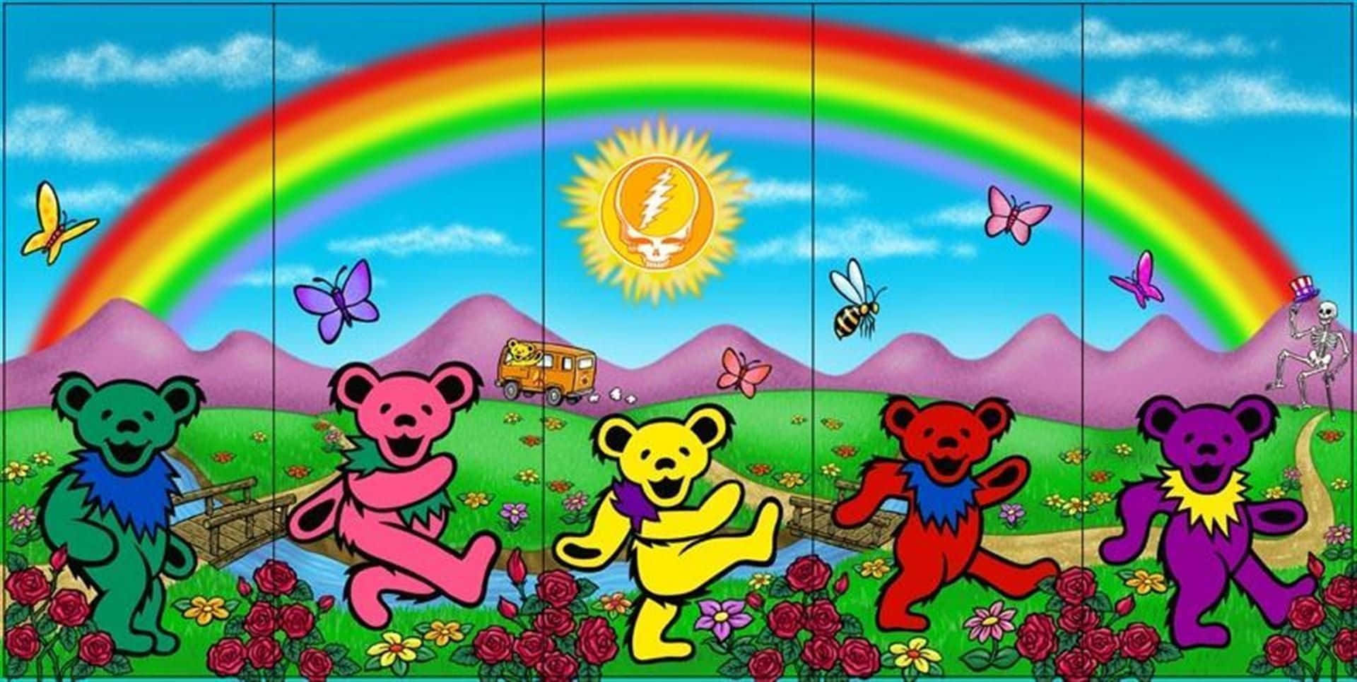 Cartoon 桌布 壁紙 — 五隻色彩繽紛的跳舞熊在花田裡，彩虹下，有Grateful Dead太陽和蝴蝶。