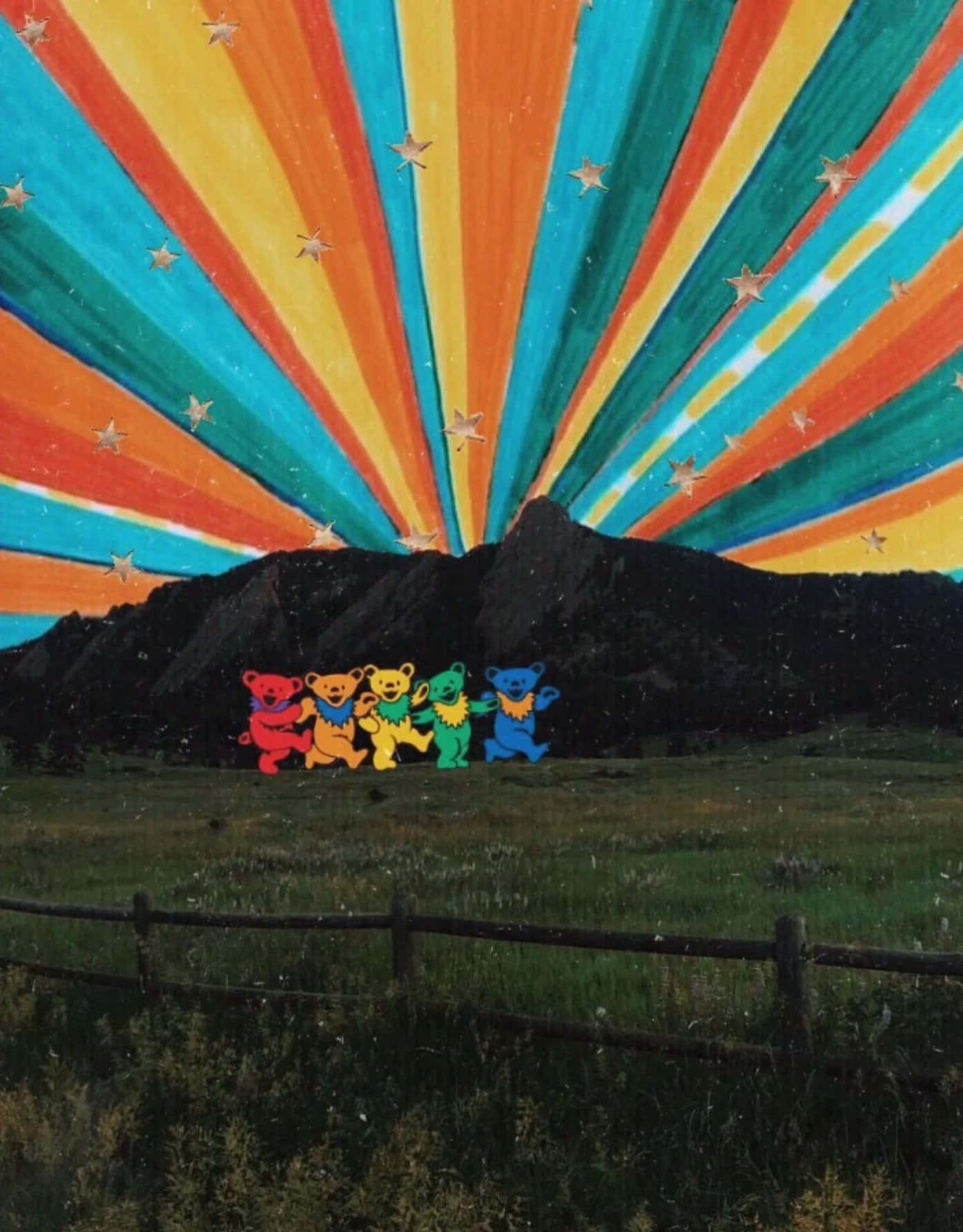 嬉皮 桌布 壁紙 — 五隻色彩繽紛的跳舞熊站在山前，天空中有燦爛的彩虹和金色的星星。