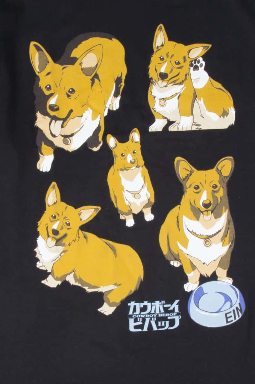 Cowboy Bebop Ein 桌布 壁紙 — 五隻風格化的柯基犬以黃色和白色姿勢出現在一件帶有 Cowboy Bebop 標誌和碗的黑色 T 恤上。