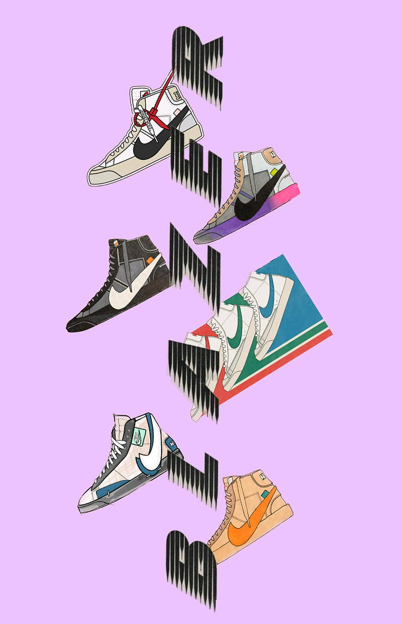 Nike Shoes 桌布 壁紙 — 五雙色彩繽紛的Nike運動鞋垂直排列在柔和的薰衣草背景上，中間有粗體黑色字體拼寫「AIR MAX」。