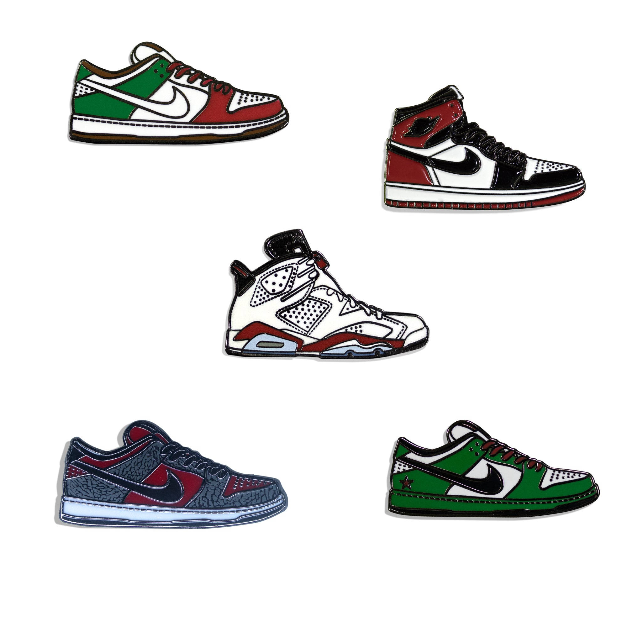 Nike 桌布 壁紙 — 五雙風格化的Nike運動鞋，顏色為紅、綠、黑、白，排列在純白色背景上。