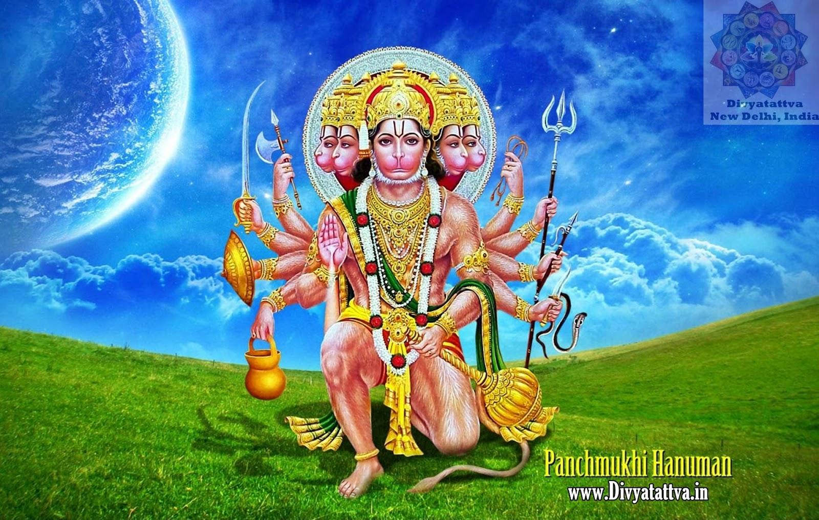 hanuman art 桌布 壁紙 — 五面哈努曼威嚴地坐在長滿草的山丘上，在彎月下，手持神聖武器和一個壺，背景是繁星點點的藍天。