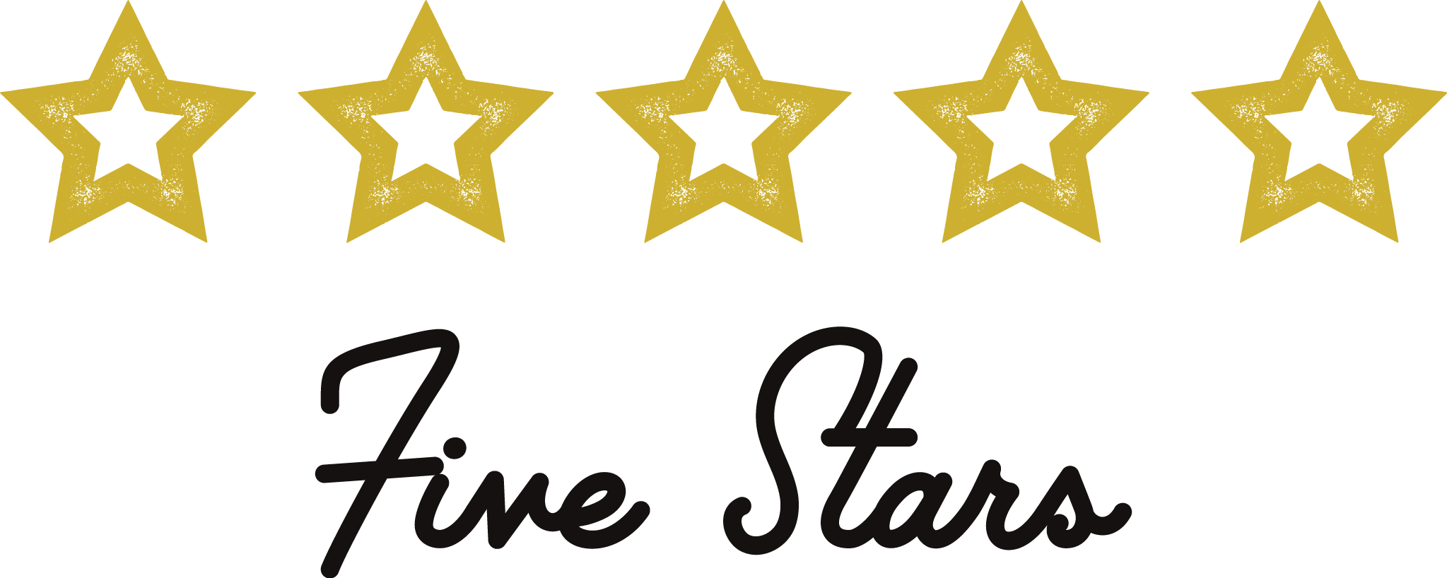 Five Star 桌布 壁紙 — 五顆帶有閃亮質感的金色星星位於草書文字「Five Stars」上方，背景為純白色。