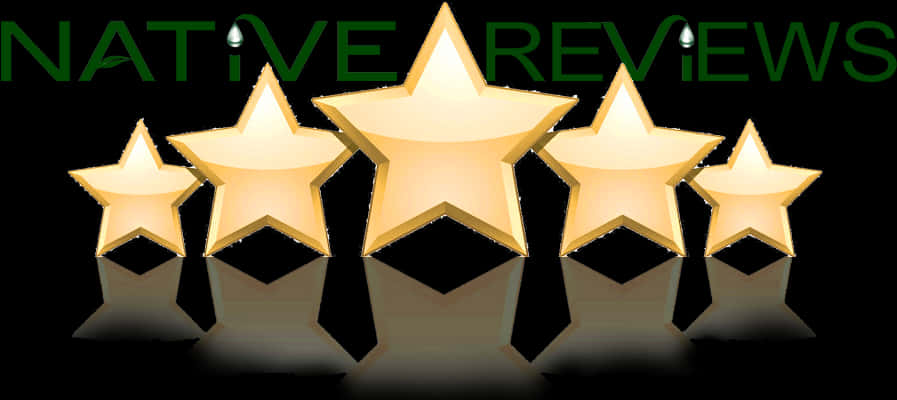 Stars 桌布 壁紙 — 五顆閃爍的金色星星，在黑色背景上帶有倒影，下方是文字 native reviews。