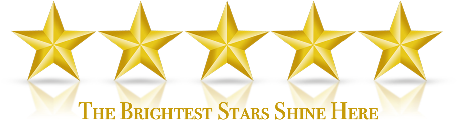 Five Star 桌布 壁紙 — 五顆閃閃發光的金色星星，在黑色表面上投射出倒影，上方有粗體金色文字。