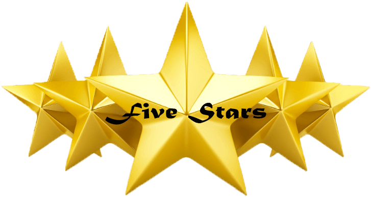 Five Star 桌布 壁紙 — 五顆閃閃發光的金色星星排列成扇形，並以優雅的黑色字體寫上「five stars」文字。