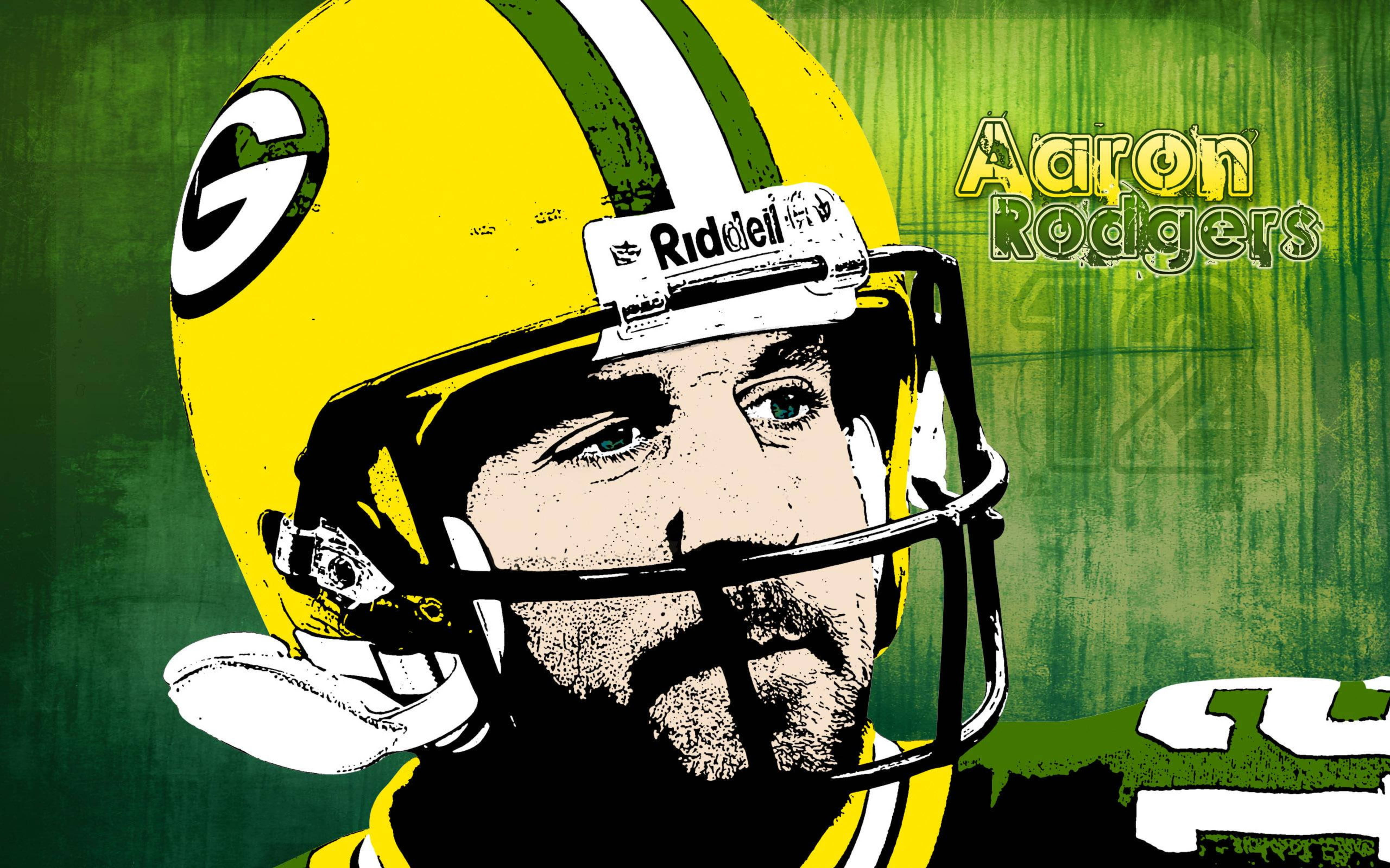 Aaron Rodgers 桌布 壁紙 — 亞倫·羅傑斯（Aaron Rodgers）身穿綠灣包裝工頭盔的風格化肖像，背景為帶紋理的綠色。