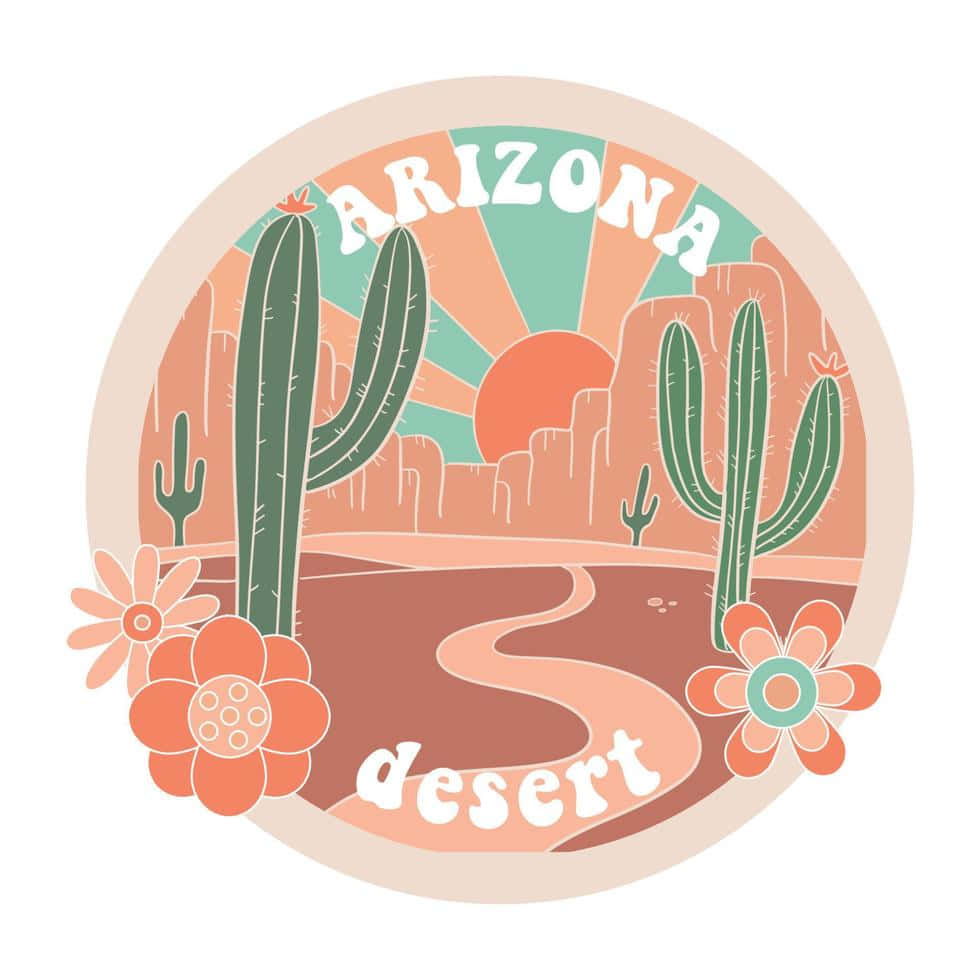 Arizona 桌布 壁紙 — 亞利桑那沙漠的圓形插圖，帶有仙人掌花和柔和粉彩調的夕陽。