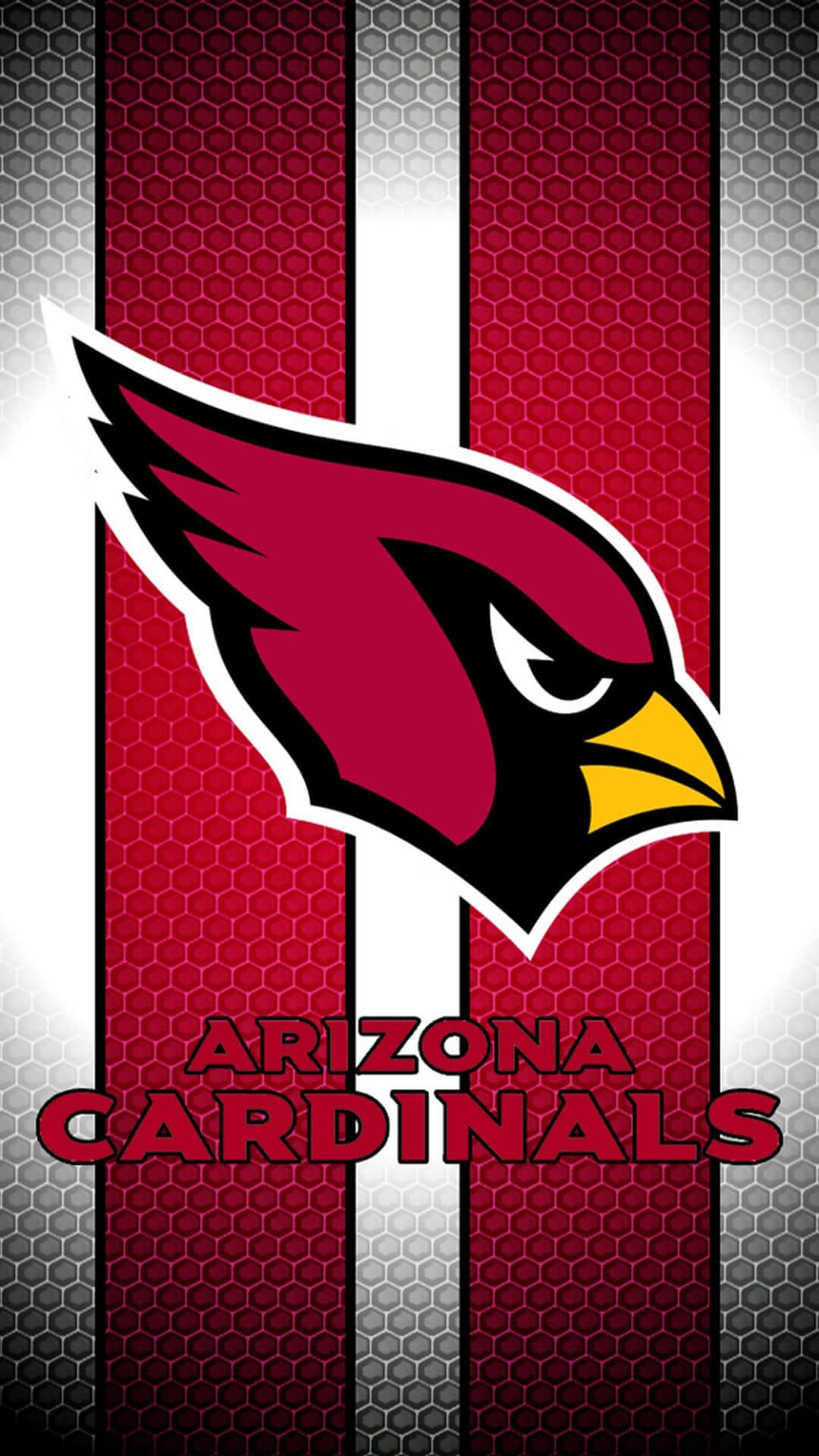 Arizona Cardinals 桌布 壁紙 — 亞利桑那紅雀隊標誌，紅色和銀色六角形條紋背景上兇猛的紅雀頭。