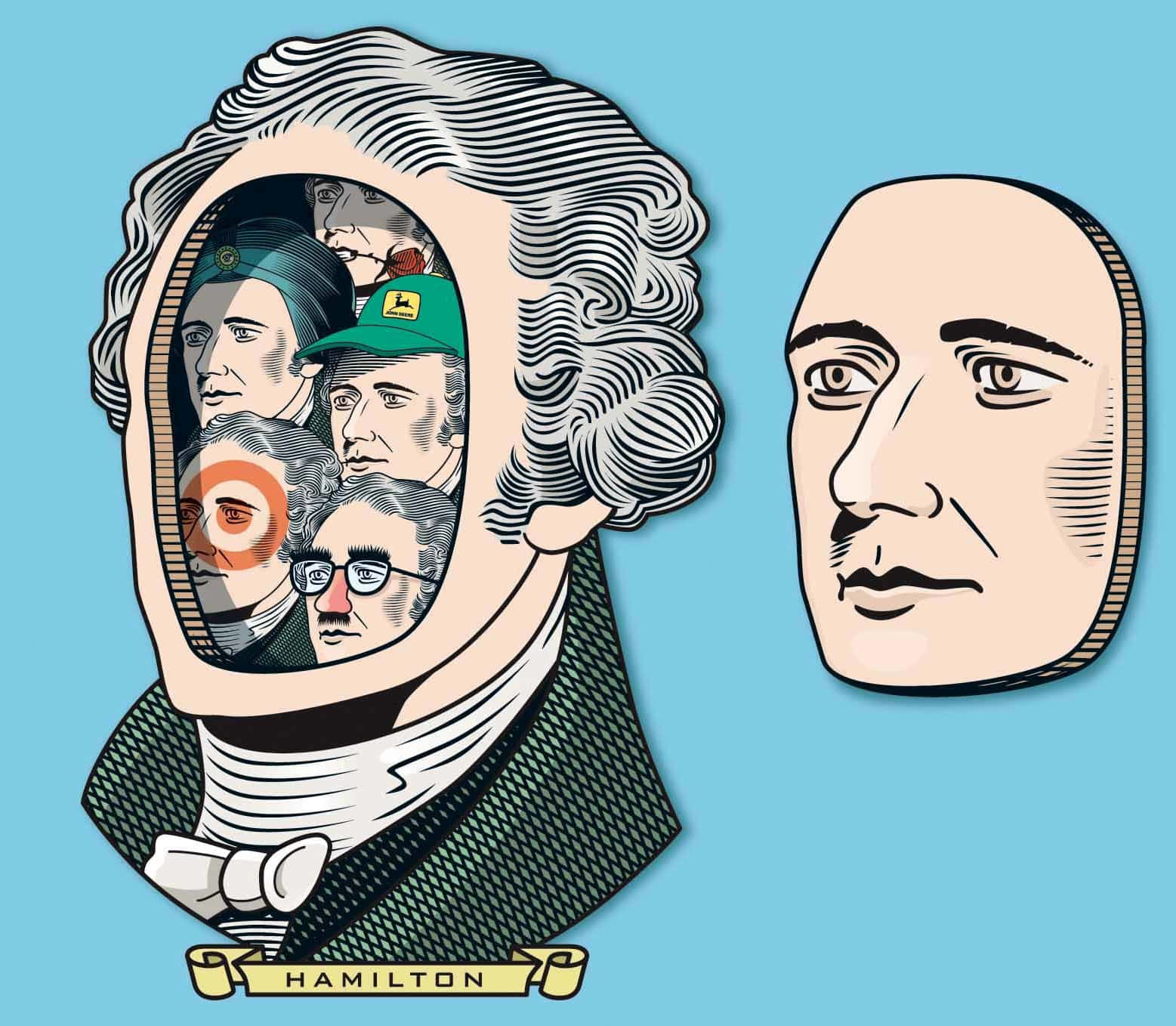 Alexander Hamilton 桌布 壁紙 — 亞歷山大·漢密爾頓的插圖肖像，頭部被現代人物的拼貼畫取代，背景為純藍色。