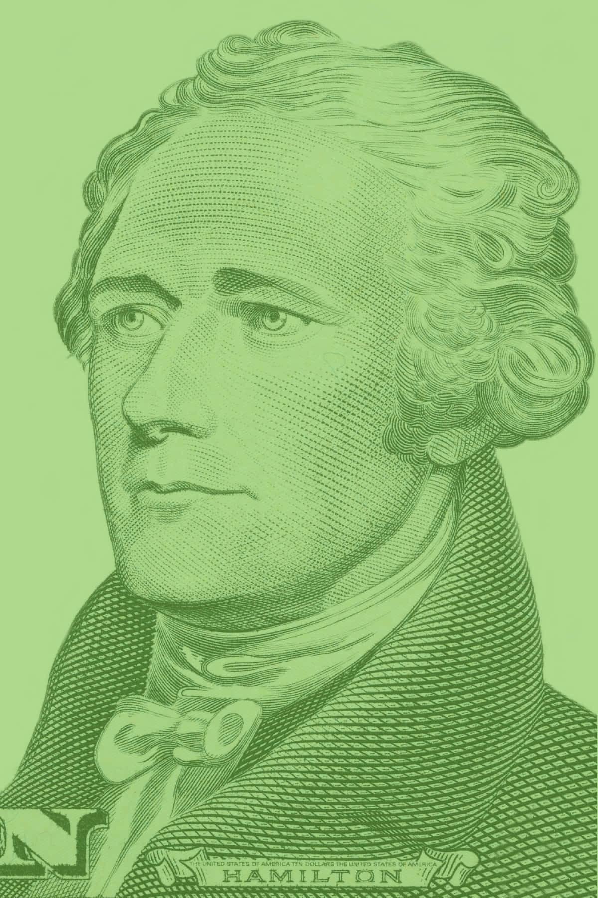 Alexander Hamilton 桌布 壁紙 — 亞歷山大·漢密爾頓的綠色色調雕刻肖像，細節豐富的頭髮和領巾，背景為純色。
