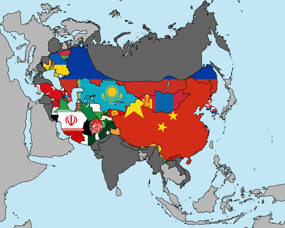 蒙古 桌布 壁紙 — 亞洲地圖，各國以國旗填充，營造出充滿活力的政治地理展示。