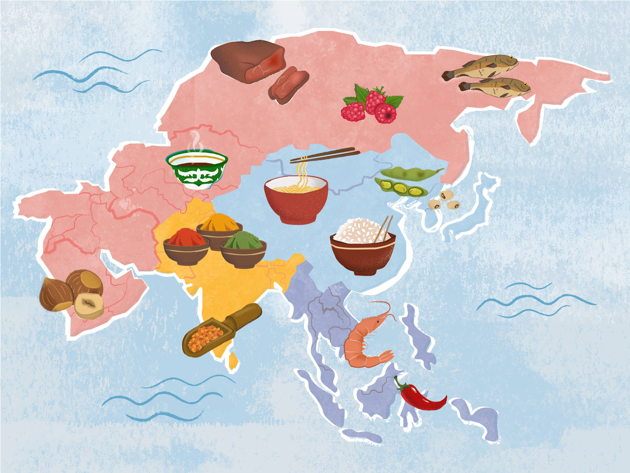Asia 桌布 壁紙 — 亞洲插圖地圖，展示壽司、米粉和香料等地區美食，帶有紋理水彩背景。