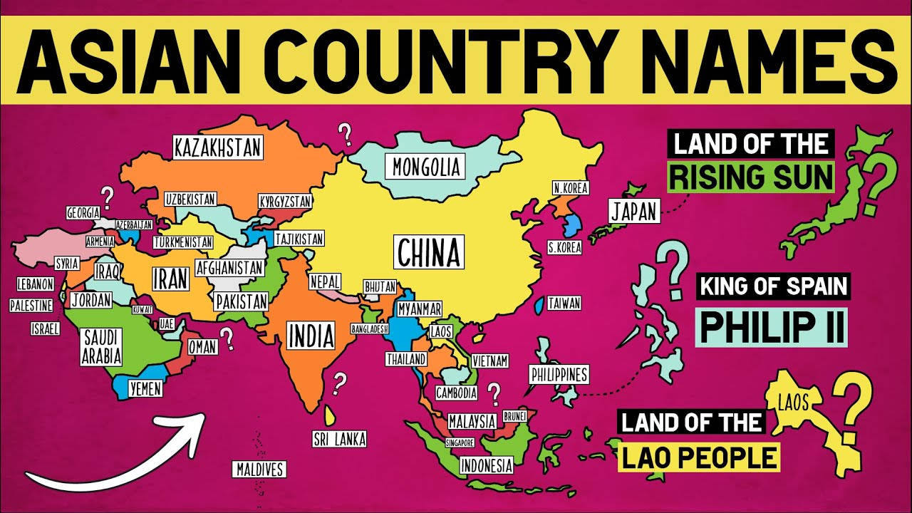 Asia 桌布 壁紙 — 亞洲的彩色卡通地圖，包含國家名稱和幽默的歷史標籤，如日出之國和西班牙國王腓力二世。