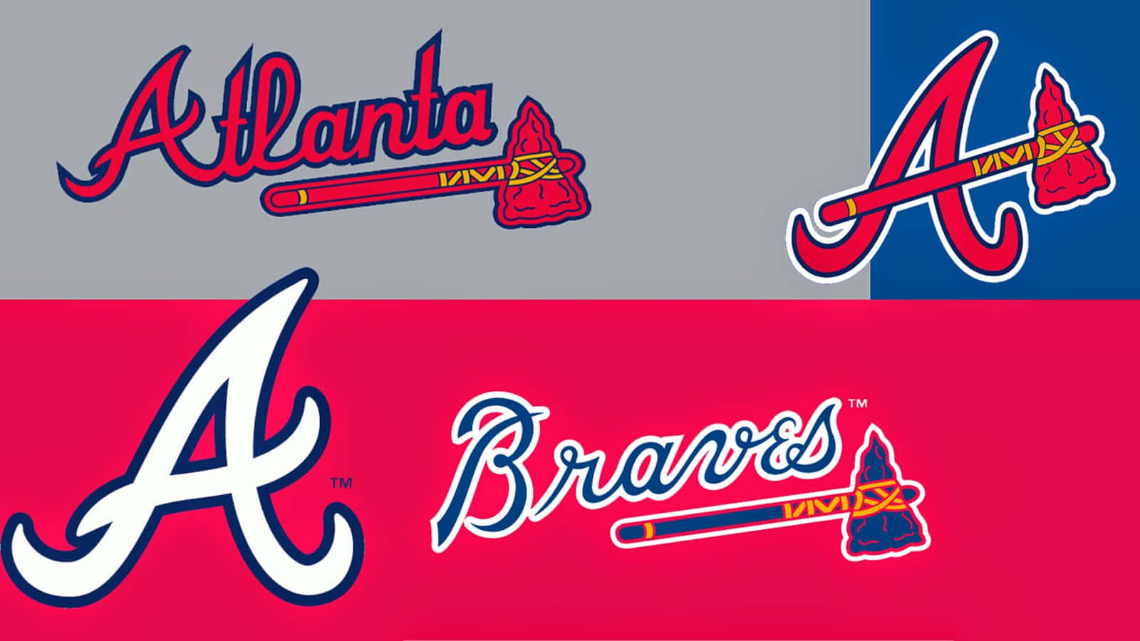 Atlanta Braves Desktop 桌布 壁紙 — 亞特蘭大勇士棒球隊標誌以紅、藍、白色顯示在分割背景上。