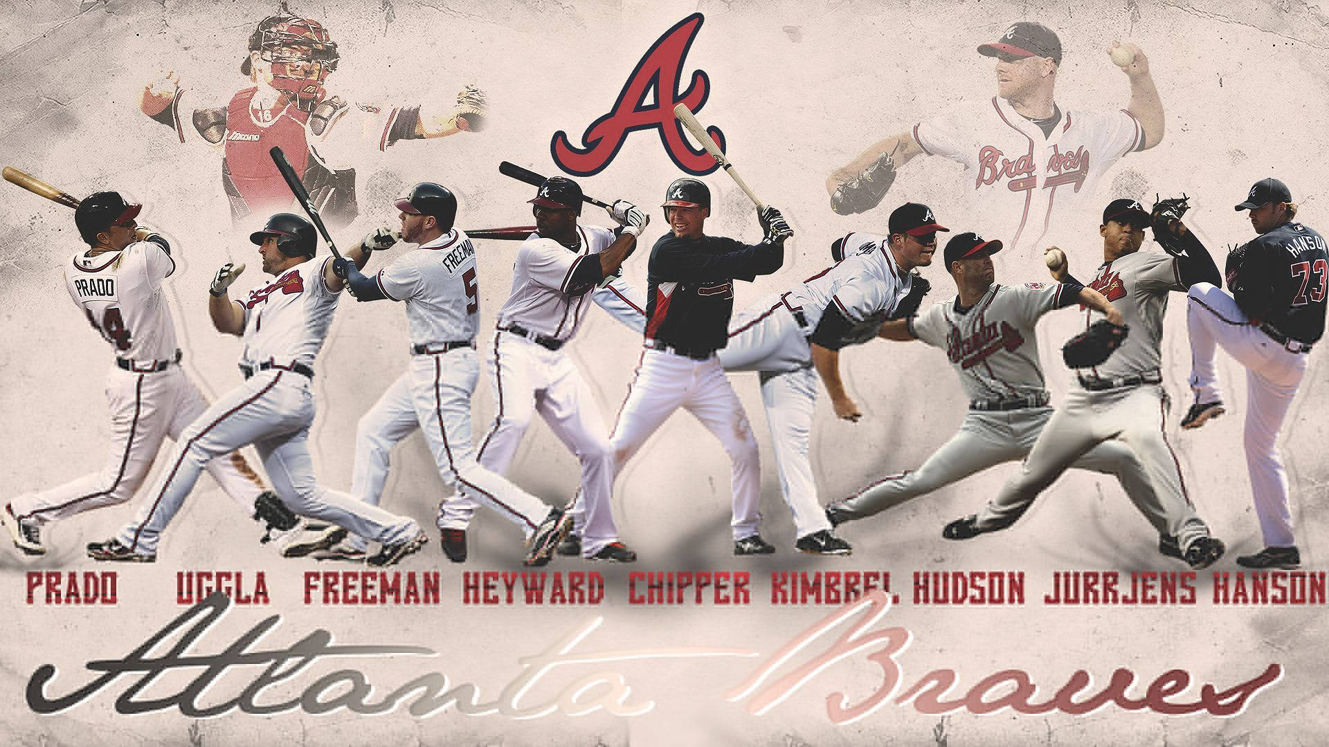 Braves 桌布 壁紙 — 亞特蘭大勇士隊棒球選手動態拼貼，以動作姿勢呈現，背景為有紋理的復古風格。