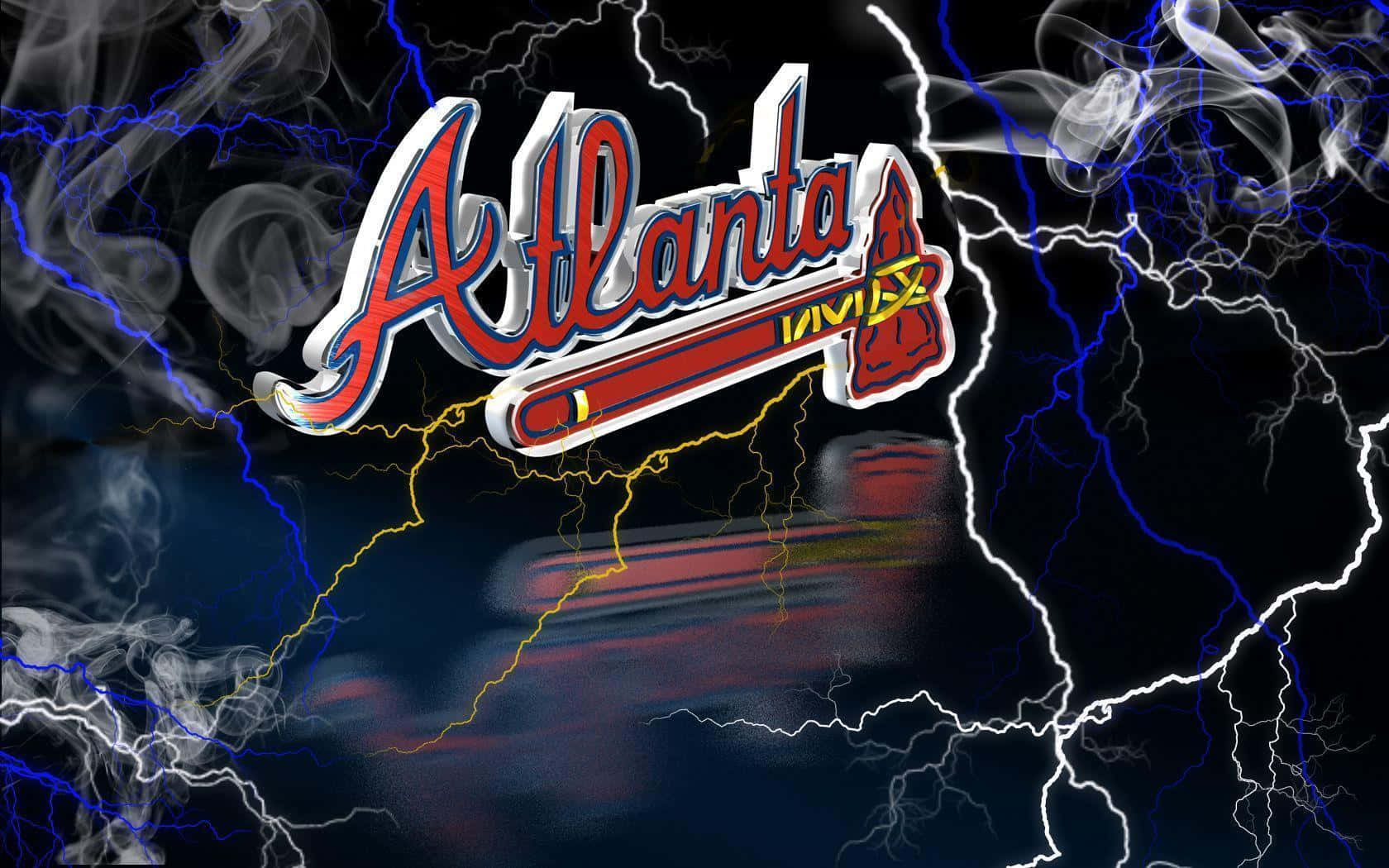 Atlanta Braves Desktop 桌布 壁紙 — 亞特蘭大勇士隊標誌在電藍色和黃色閃電及旋轉煙霧的暴風雨背景下發光。