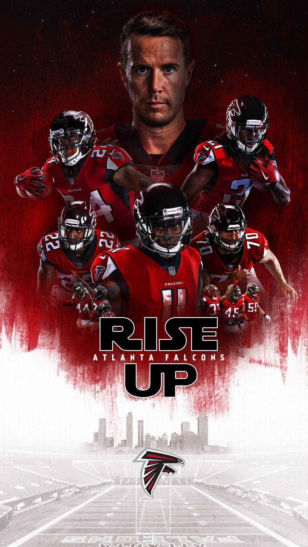 Matt Ryan 桌布 壁紙 — 亞特蘭大獵鷹隊的足球運動員穿著紅色制服，在紅白背景和下方城市天際線的襯托下動態擺姿勢。