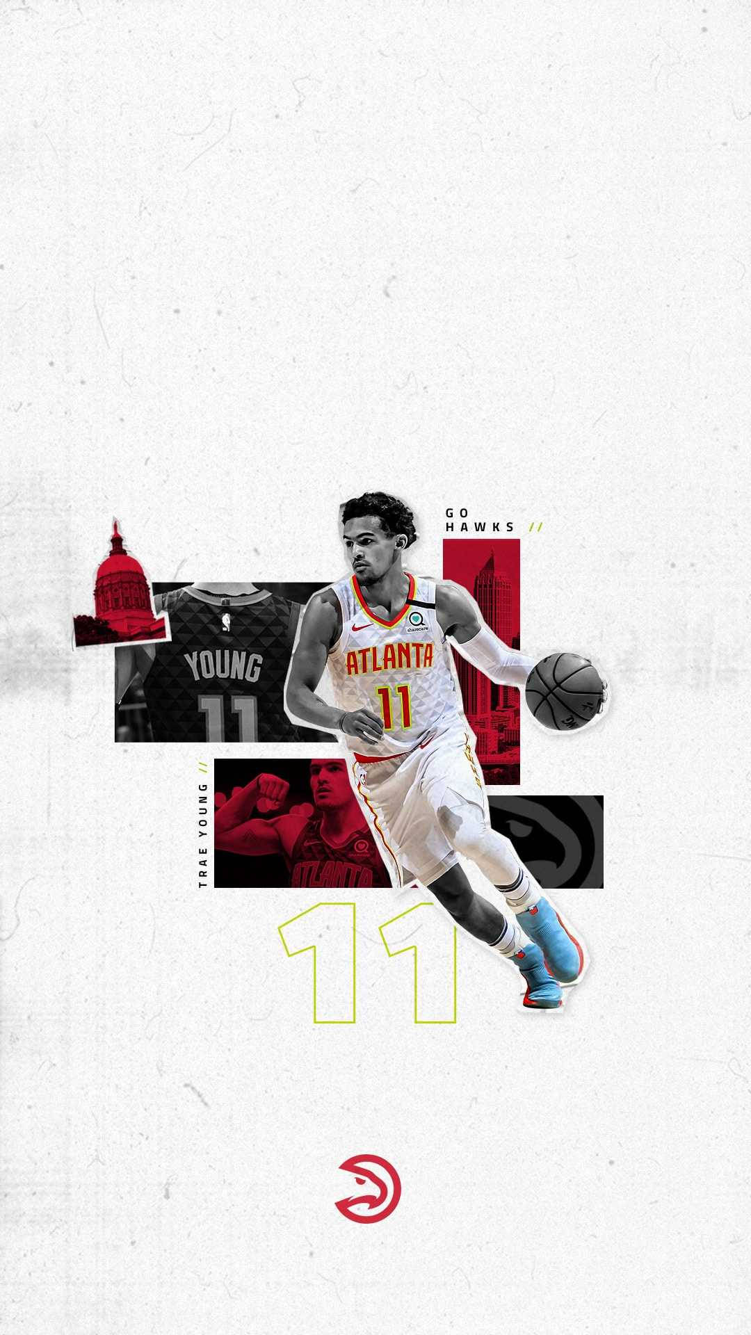 Trae Young 桌布 壁紙 — 亞特蘭大老鷹隊球員 Trae Young 身穿隊服運球的動態拼貼畫，搭配大膽的紅白圖形和球隊標誌。