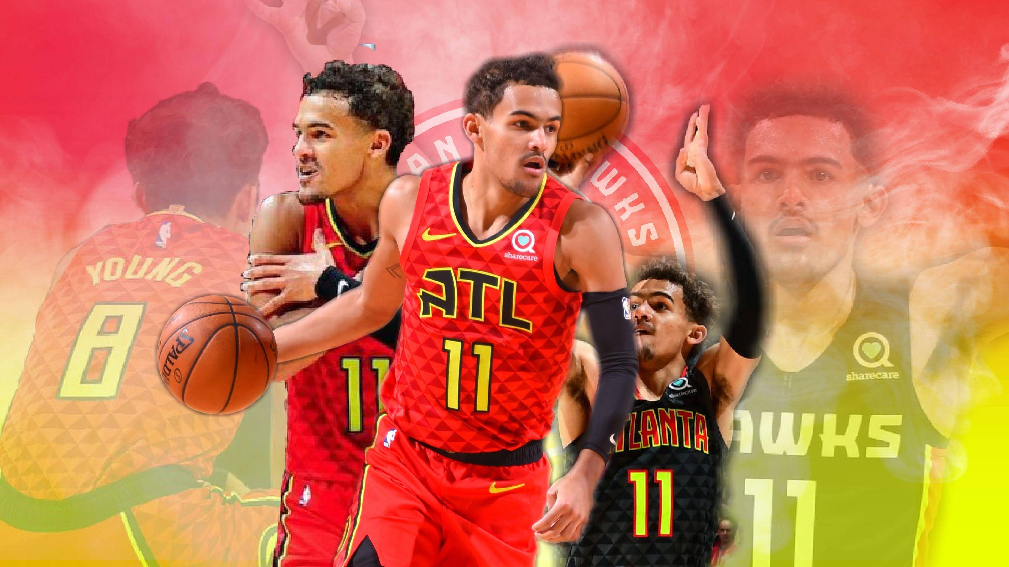 Trae Young 桌布 壁紙 — 亞特蘭大老鷹隊籃球運動員動態拼貼，採用大膽的紅、黃、黑色。