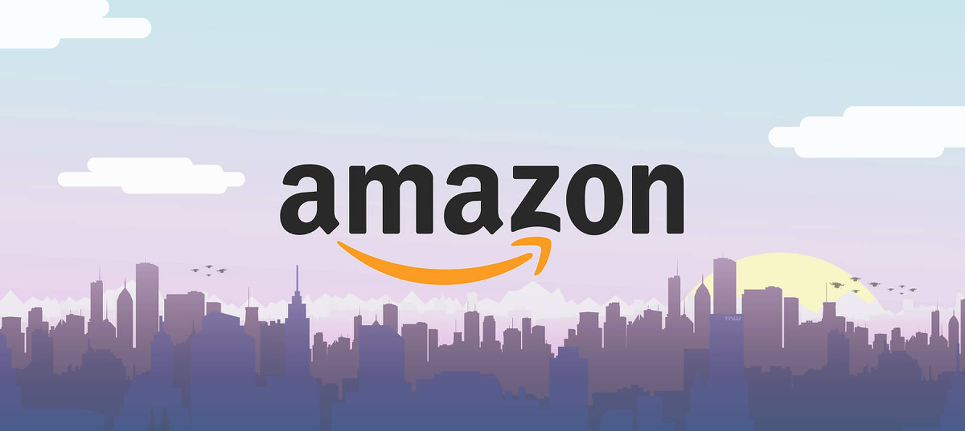 Amazon Prime 桌布 壁紙 — 亞馬遜標誌在日落時分微笑於風格化的紫色城市天際線之上，鳥兒飛翔。