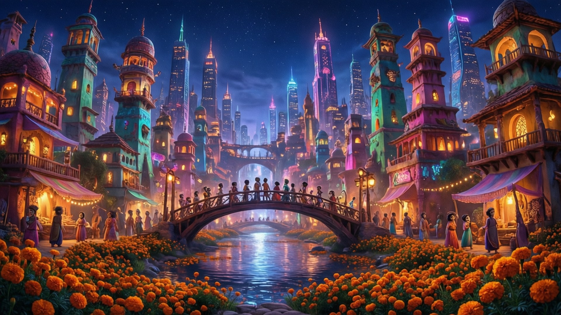 亡靈之地天際線 壁紙 — 充滿活力的奇幻城市夜景，有發光的塔樓和一座橋樑橫跨河流，周圍環繞著橙色花朵。