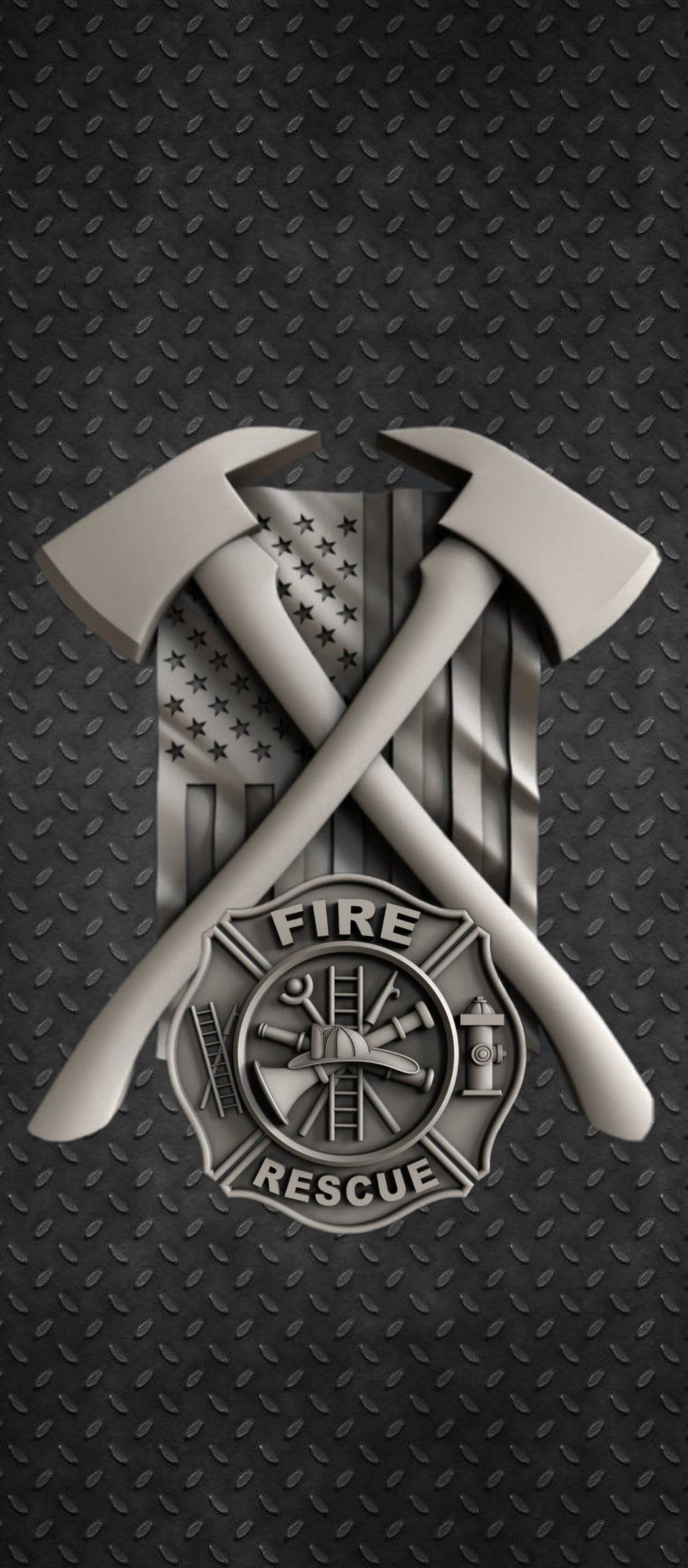 Firefighter 桌布 壁紙 — 交叉消防斧頭及帶有美國國旗圖案的消防救援徽章，背景為紋理金屬。