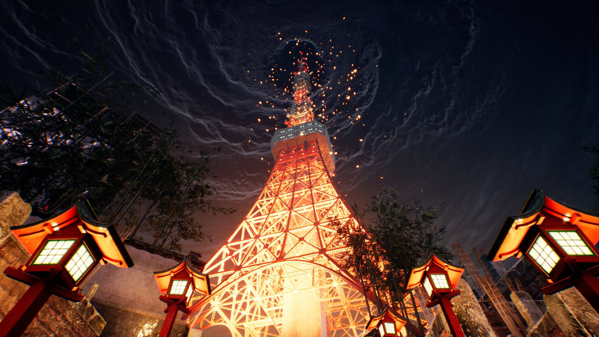 Ghostwire Tokyo 桌布 壁紙 — 亮燈的東京鐵塔在黑暗的天空下溫暖地發光，煙火在上空綻放，傳統燈籠照亮前景。