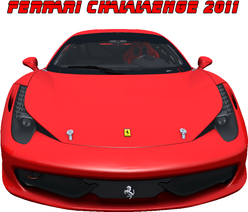法拉利 桌布 壁紙 — 亮紅色 Ferrari Challenge 2011 賽車正面視圖，黑色背景，粗體紅色文字。
