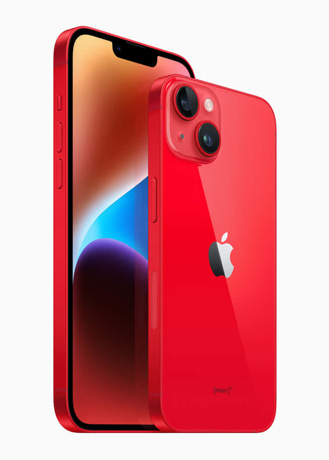 iPhone 桌布 壁紙 — 亮面紅色iPhone 14 Pro，正面和背面展示在純白背景上。