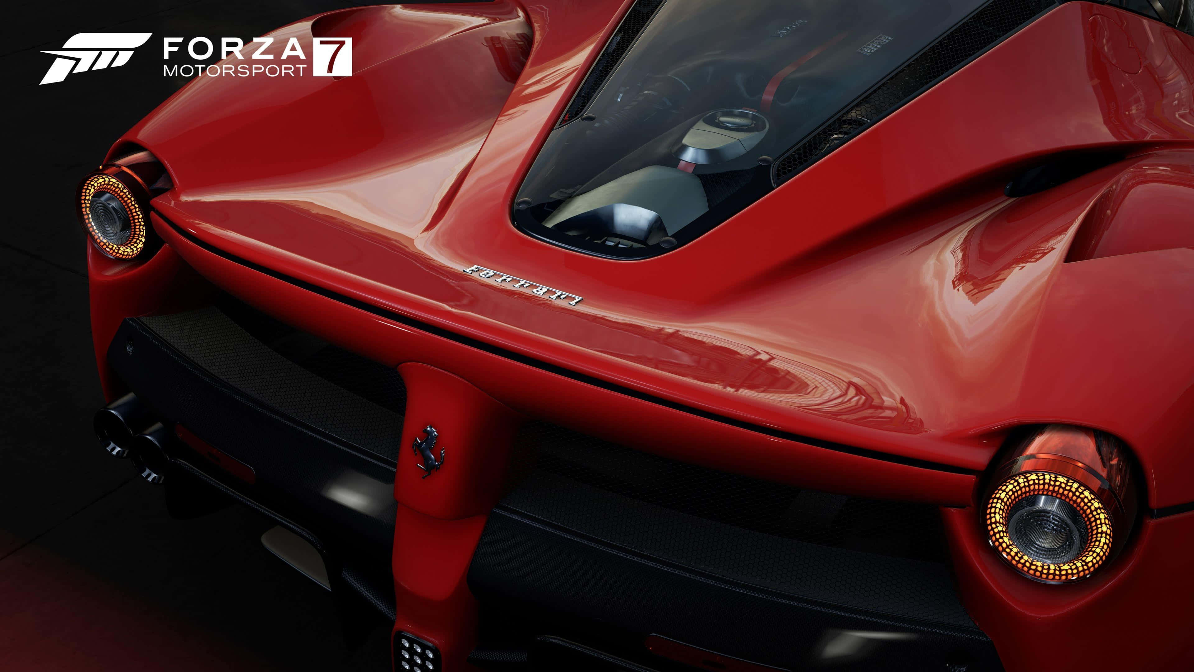 Forza Motorsport 7 桌布 壁紙 — 亮面紅色法拉利SF90 Stradale車頭特寫，帶有發光圓形頭燈和'SF90 STRADALE'徽章。