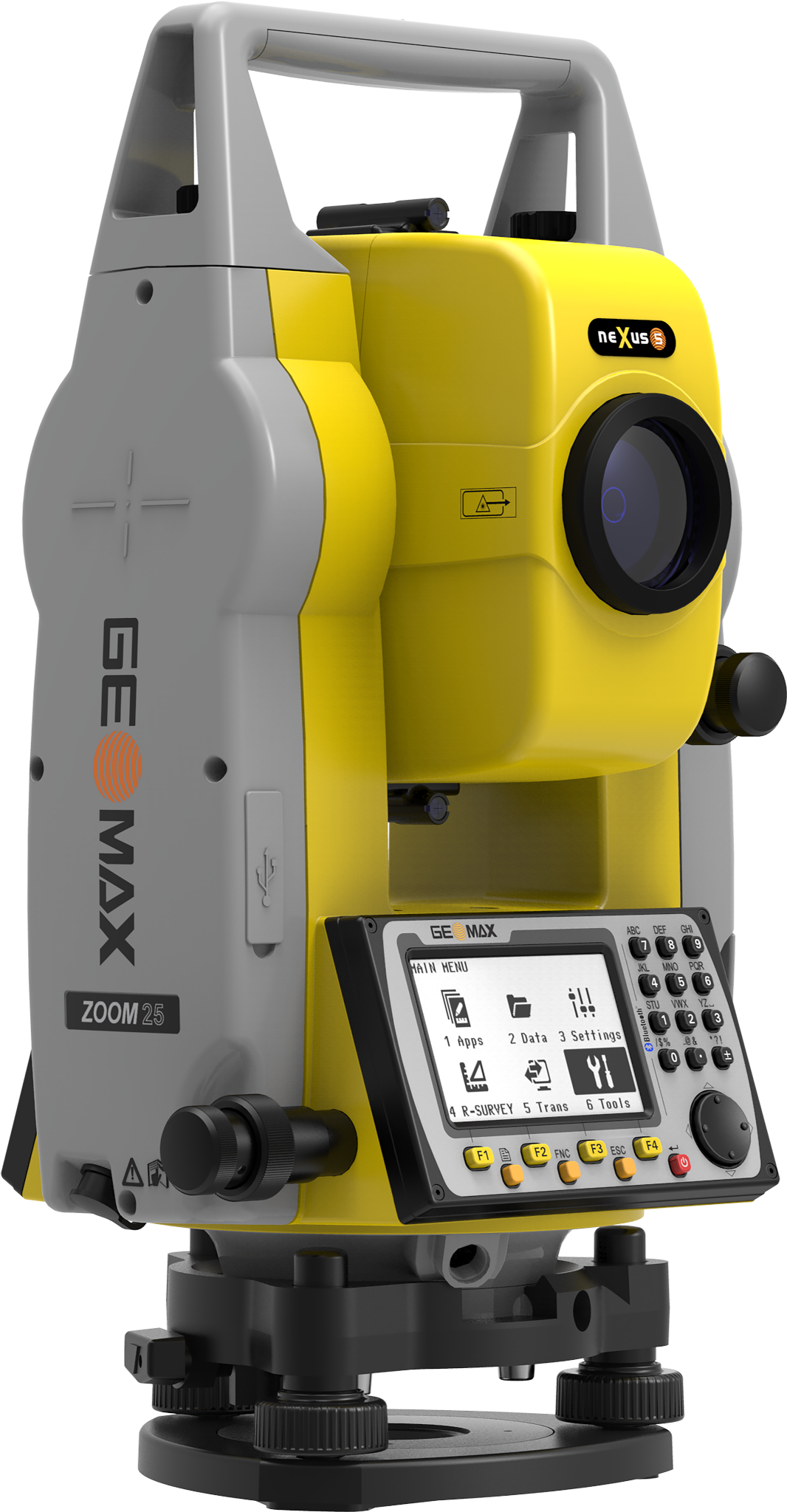 放大 桌布 壁紙 — 亮黃色和灰色的 Geomax ZOOM 25 全站儀測量儀器，帶數位顯示螢幕和控制按鈕。