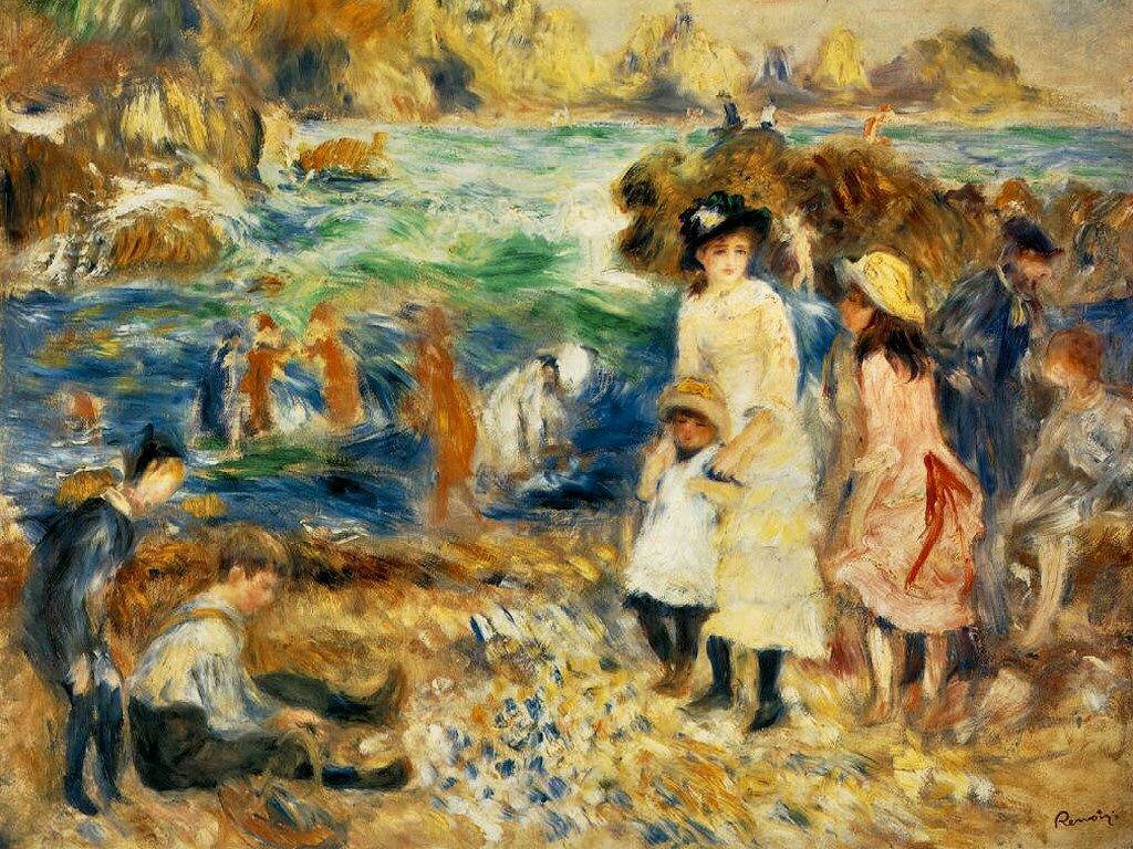 Renoir 桌布 壁紙 — 人們享受著熱鬧的海邊時光，孩子們在水中嬉戲，成年人則沿著陽光普照的岩石海岸漫步。