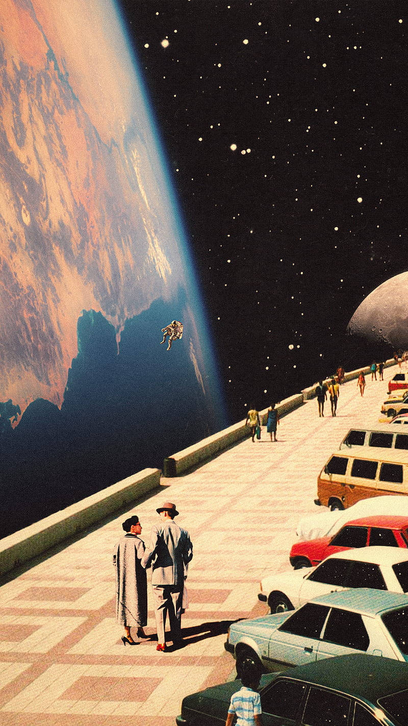 Retro Space 桌布 壁紙 — 人們在停泊的汽車旁邊沿著未來風格的太空漫步長廊散步，地球和月亮在繁星點點的宇宙中浮現。