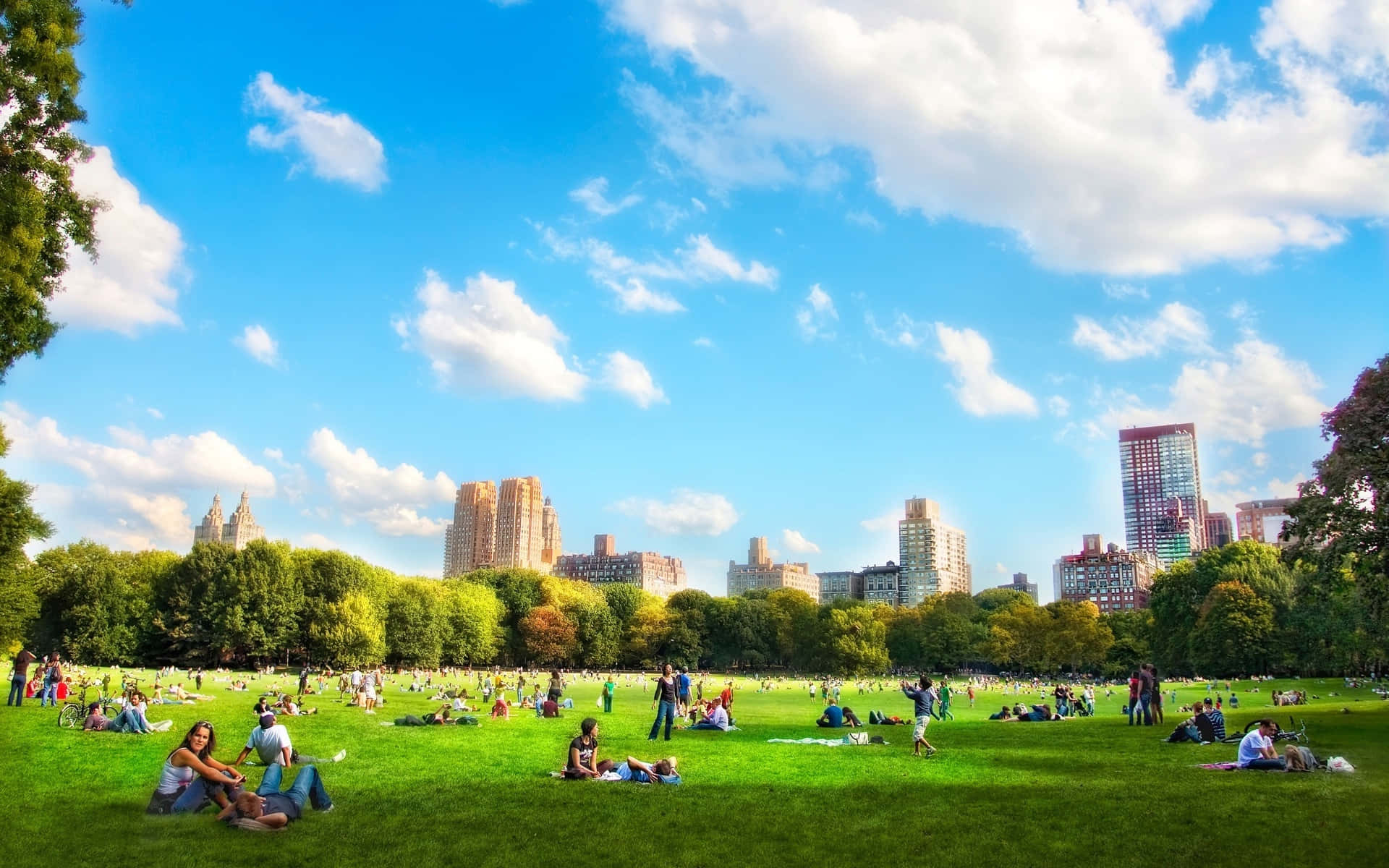 公園 桌布 壁紙 — 人們在充滿活力的綠色草坪上放鬆，頭頂是明亮的藍天，遠處有蓬鬆的白雲和城市天際線。