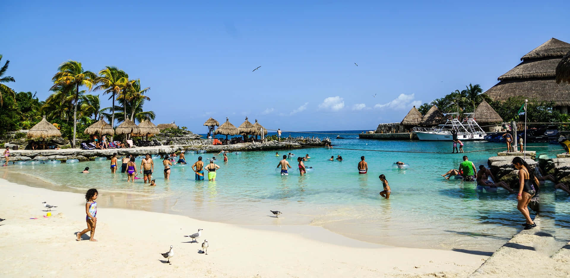 Cancun 桌布 壁紙 — 人們在晴朗的藍天下，在一個有茅草屋頂小屋和棕櫚樹的熱帶度假勝地享受碧綠的海水和白色的沙灘。