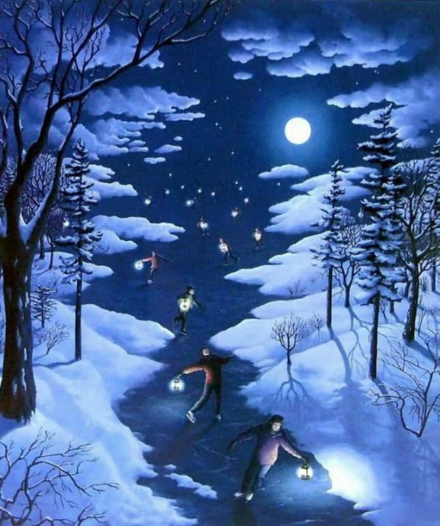 Realism 桌布 壁紙 — 人們在月光下的冰凍河流上滑行，星空下被雪覆蓋的樹木環繞。