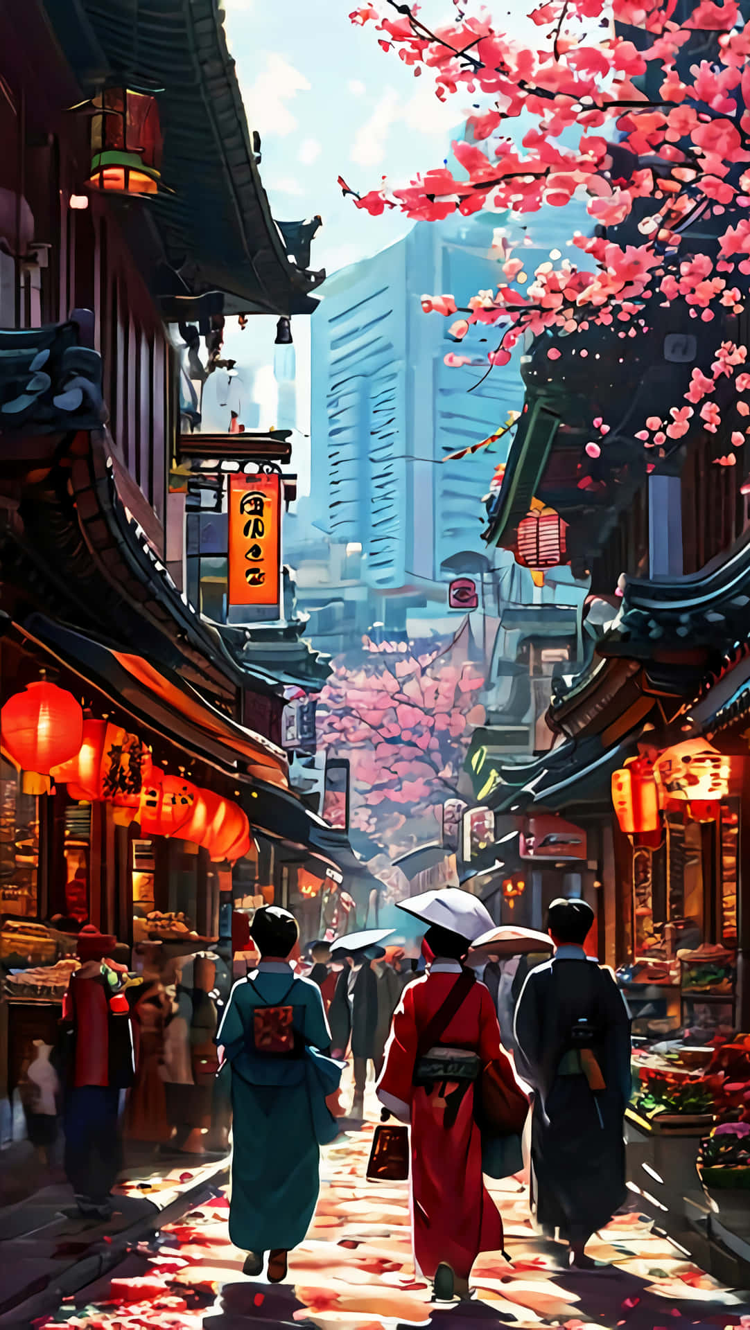 Anime Street 壁紙 — 人們在盛開的櫻花下漫步，穿過一條狹窄的街道，兩旁掛著傳統的日本燈籠和現代摩天大樓。