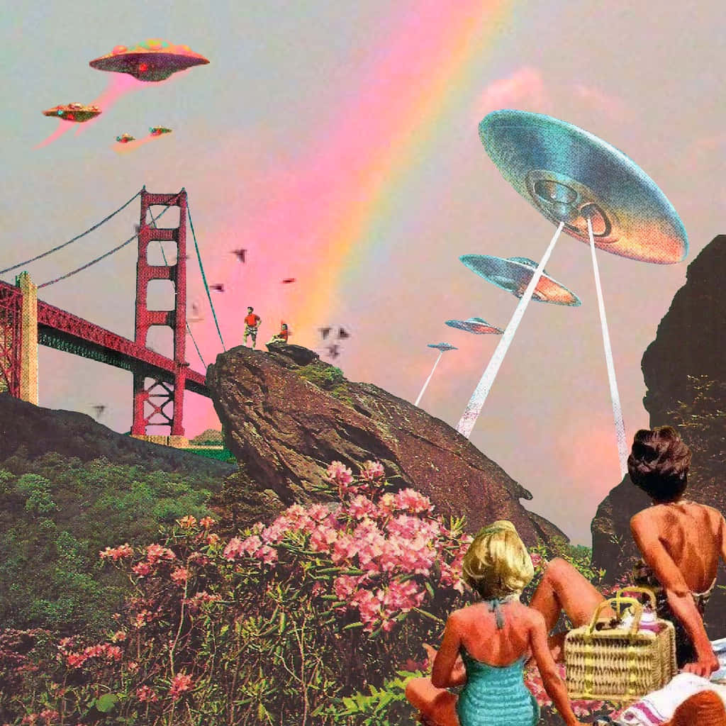 album 桌布 壁紙 — 人們在粉紅色花朵附近野餐，UFO在彩虹下的金門大橋上空盤旋。