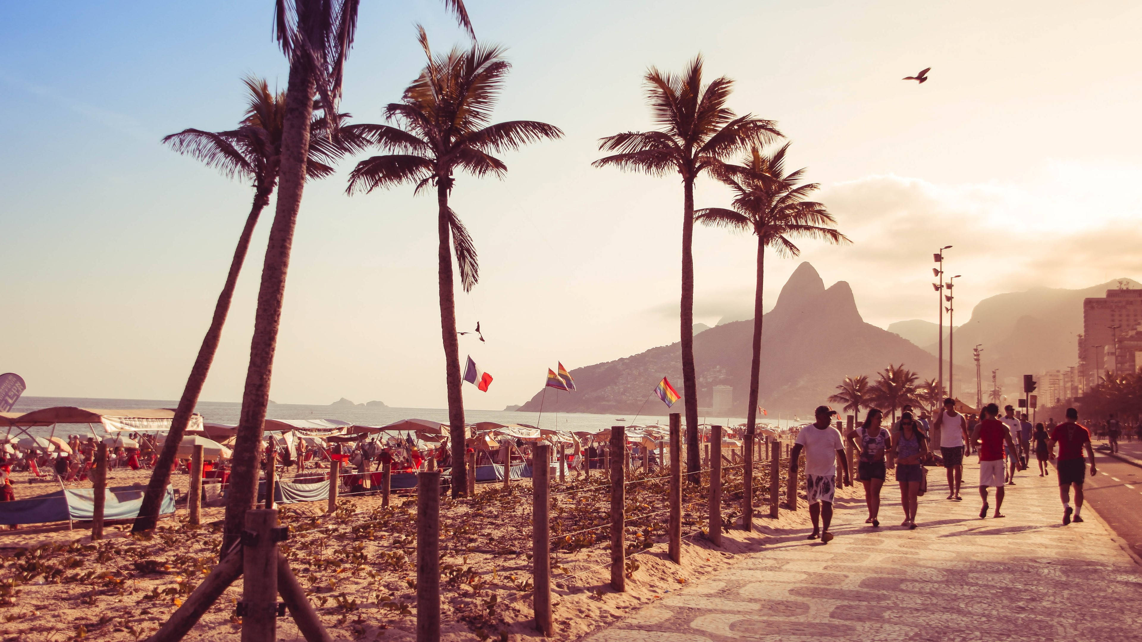rio 桌布 壁紙 — 人們在陽光明媚的海濱長廊漫步，兩旁種滿棕櫚樹和旗幟，群山在金色的日落中升起。