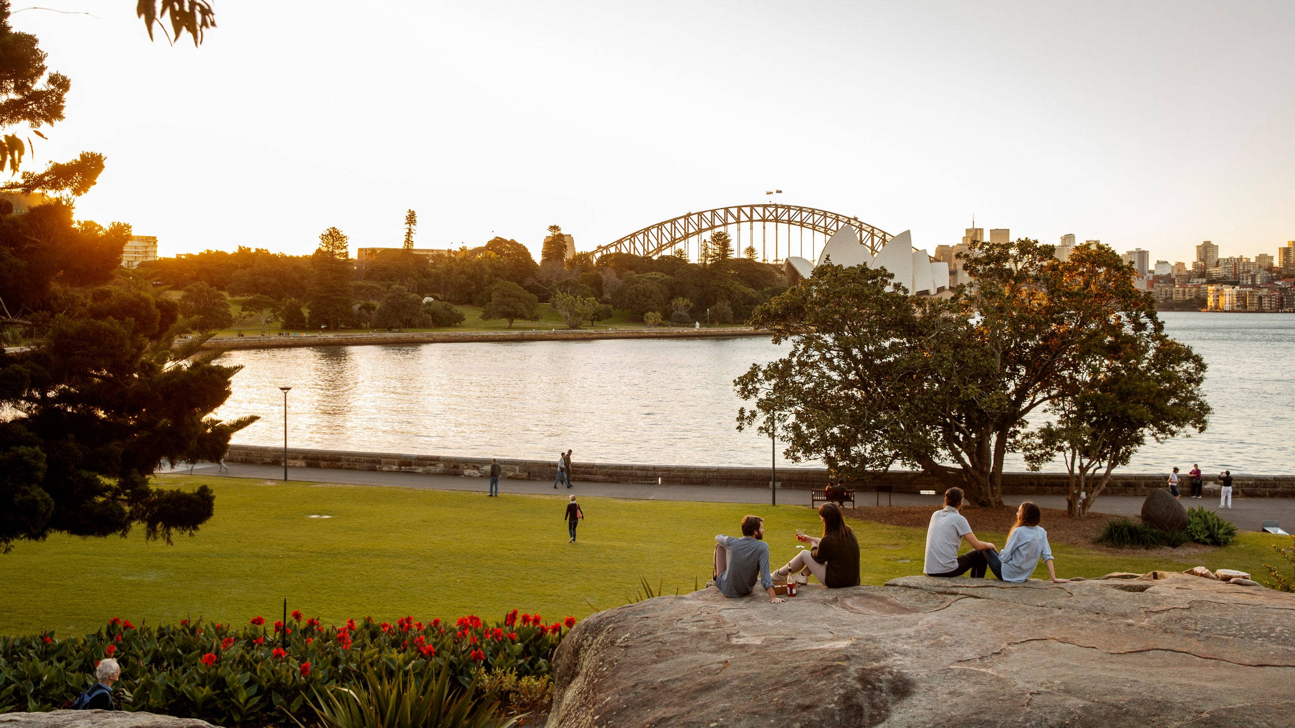 Sydney 桌布 壁紙 — 人們在黃金時段坐在岩石上放鬆，俯瞰雪梨港，歌劇院和港灣大橋盡收眼底。