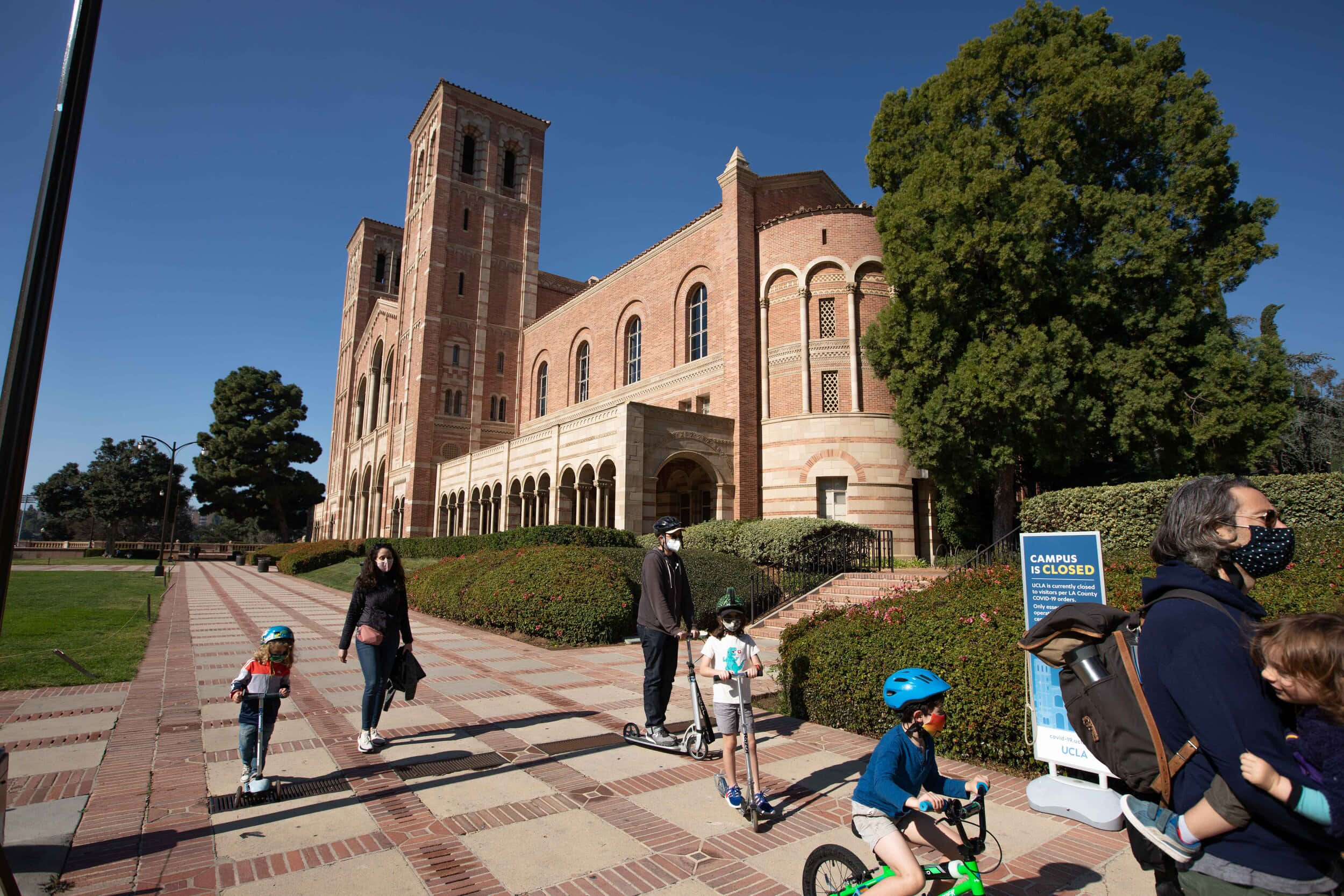 Ucla Campus 桌布 壁紙 — 人們帶著孩子沿著磚砌小路騎滑板車和腳踏車，背景是一座宏偉的紅磚大學建築，天空湛藍。