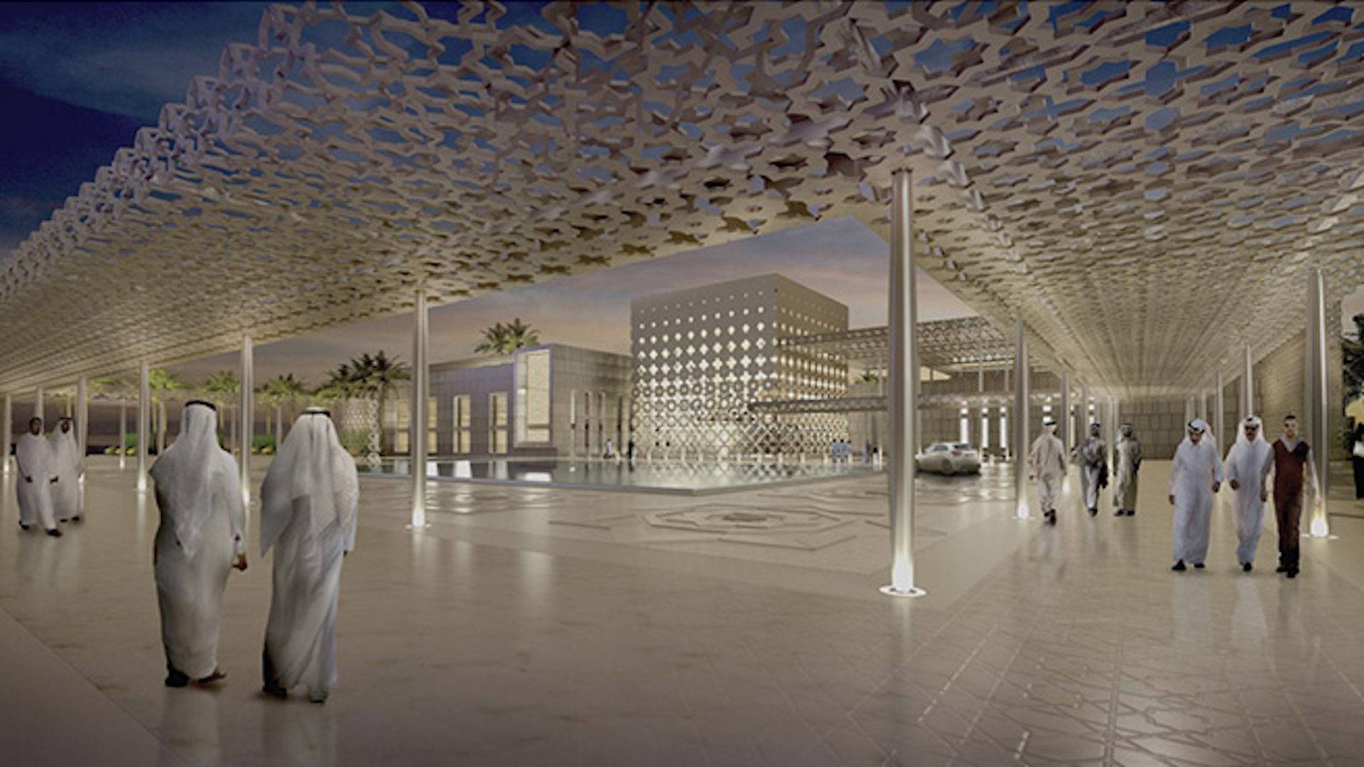 Qatar 桌布 壁紙 — 人們穿著傳統白色長袍，在黃昏時分走在未來主義沙漠廣場上一個巨大而複雜的格子天篷下。