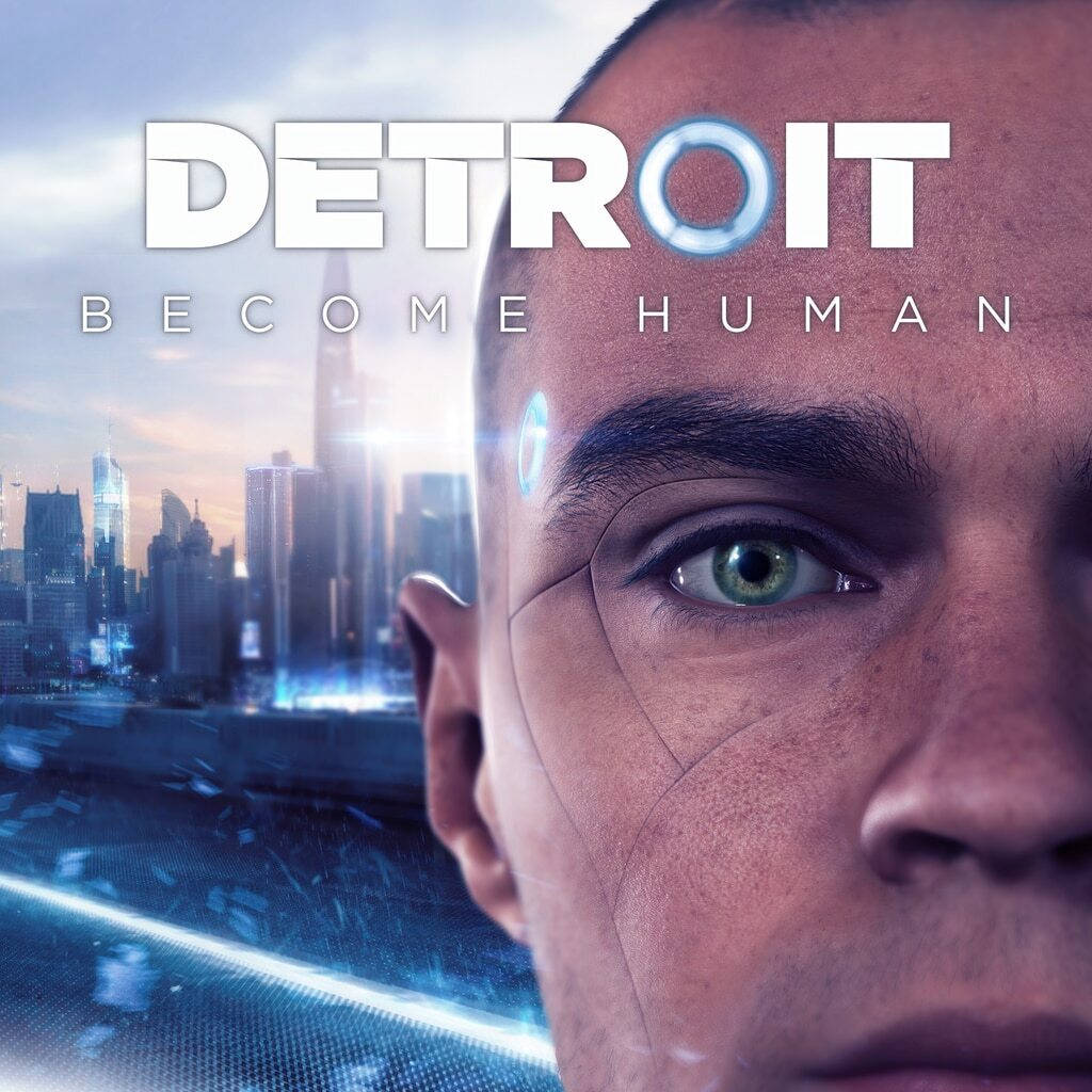Best Ps4 桌布 壁紙 — 人形機器人臉部特寫，帶有發光的藍色網絡植入物，背景是黃昏時分的未來城市天際線。
