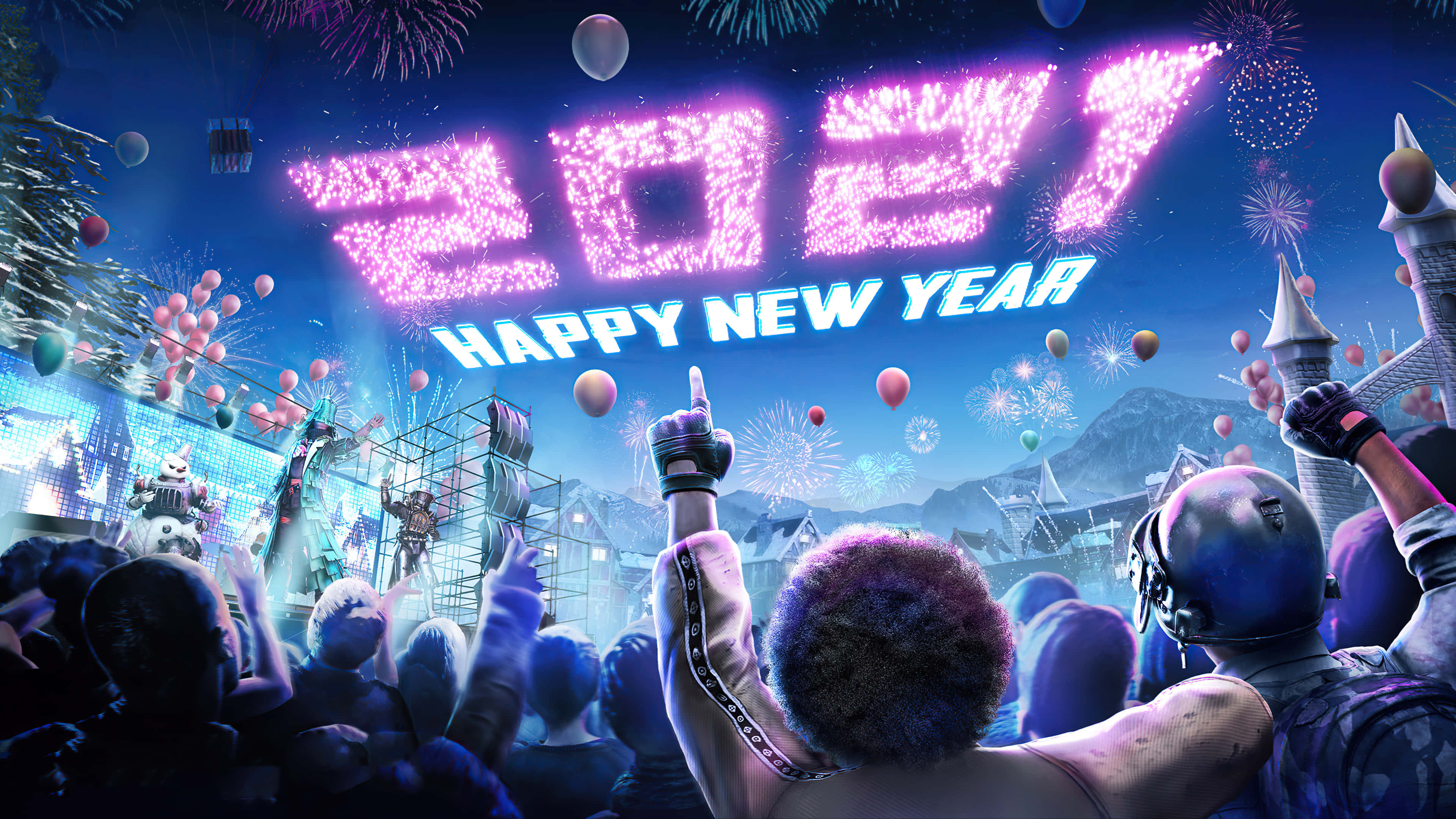 2021 桌面 桌布 壁紙 — 人群在星空下以煙火、氣球和發光文字慶祝2021年新年。