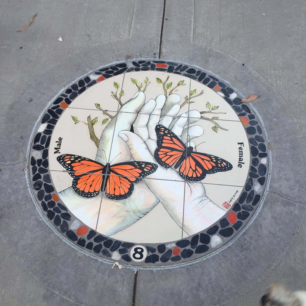 Butterfly Park 桌布 壁紙 — 人行道上的圓形馬賽克顯示兩隻手拿著橙色帝王斑蝶，標示為雄性和雌性，並帶有萌芽的樹枝。