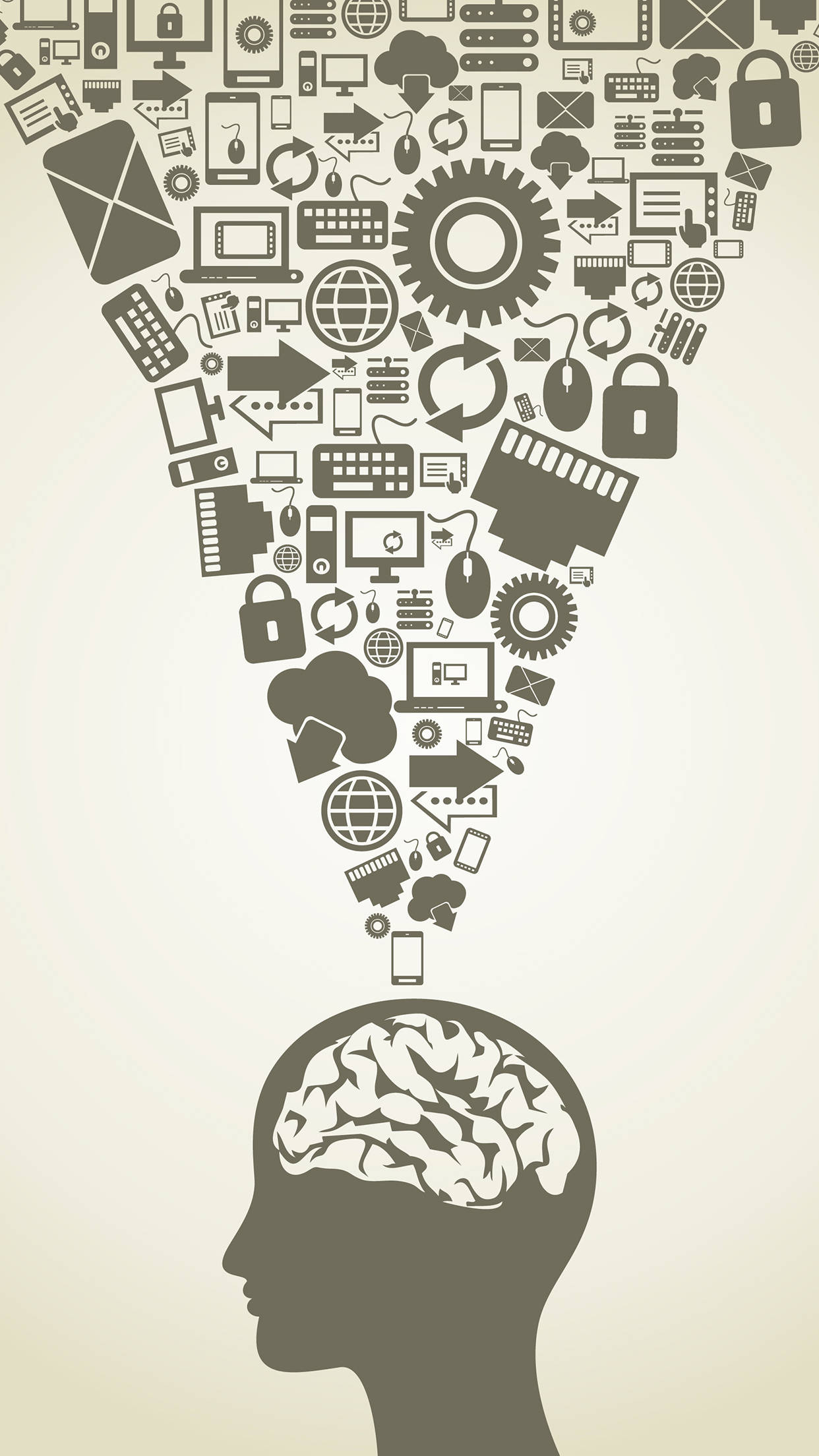 Brain 桌布 壁紙 — 人頭剪影，大腦散發出數位科技圖示的瀑布流。